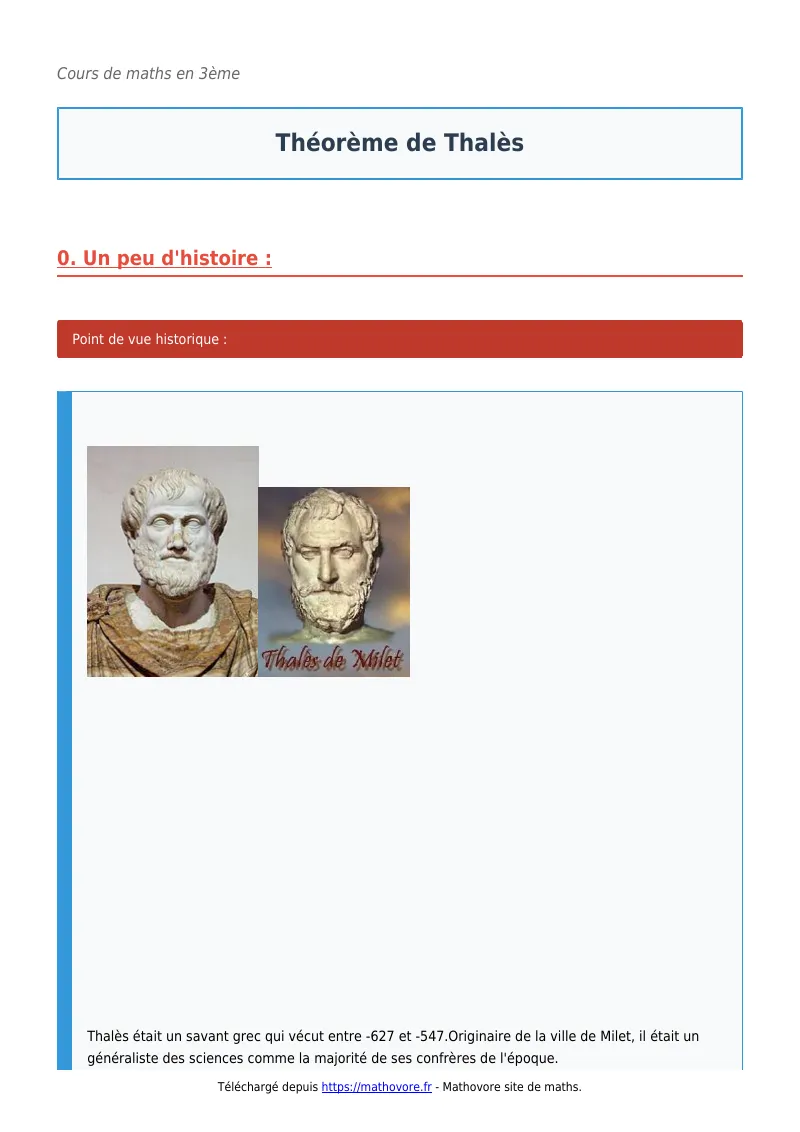 Cours de maths en 3ème : Théorème de Thalès à télécharger en PDF
