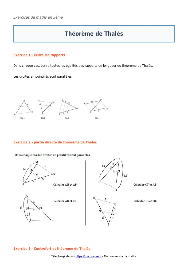 Exercices corrigés de maths en 3ème : Théorème de Thalès à imprimer en PDF