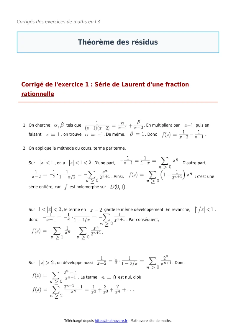 Exercices corrigés de maths en L3 : Théorème des résidus à imprimer en PDF