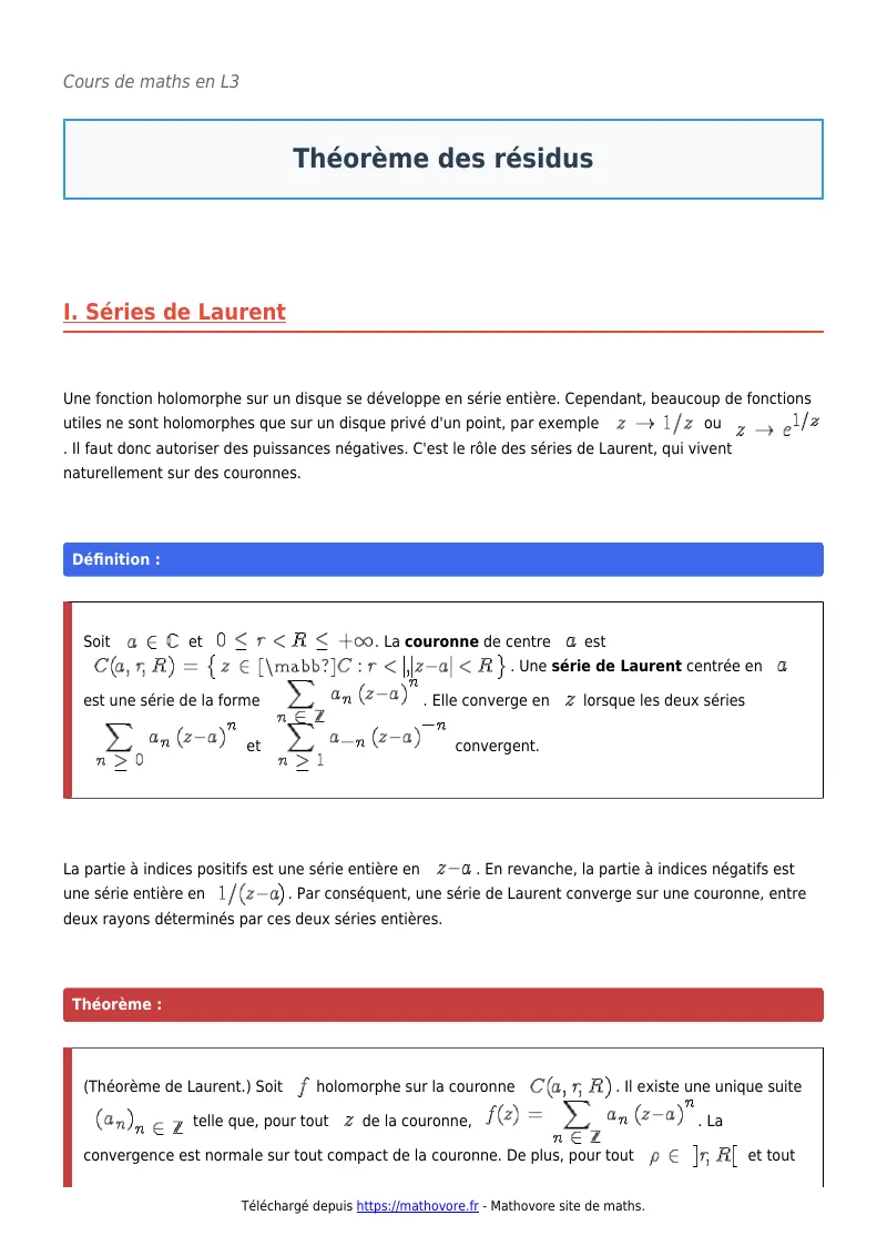 Cours de maths en L3 : Théorème des résidus à télécharger en PDF
