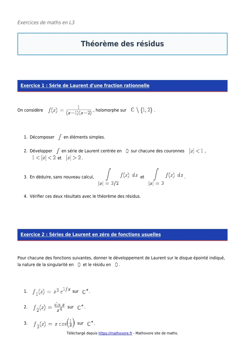 Exercices corrigés de maths en L3 : Théorème des résidus à imprimer en PDF