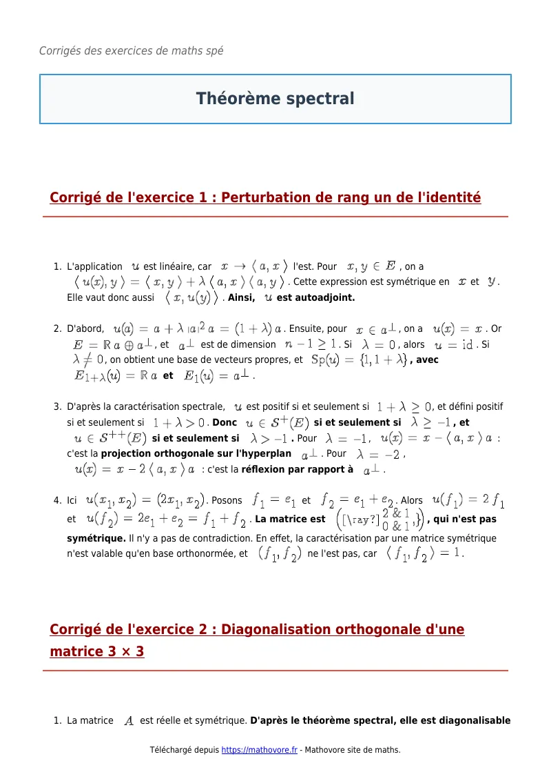 Exercices corrigés de maths en maths spé : Théorème spectral à imprimer en PDF