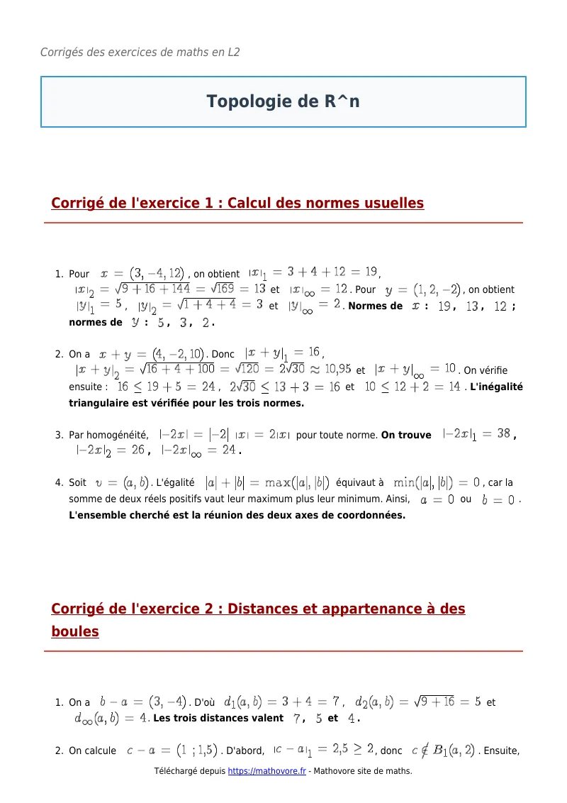 Exercices corrigés de maths en L2 : Topologie de R^n à imprimer en PDF
