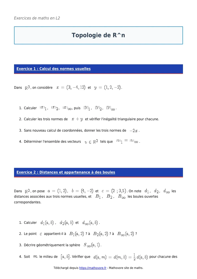 Exercices corrigés de maths en L2 : Topologie de R^n à imprimer en PDF