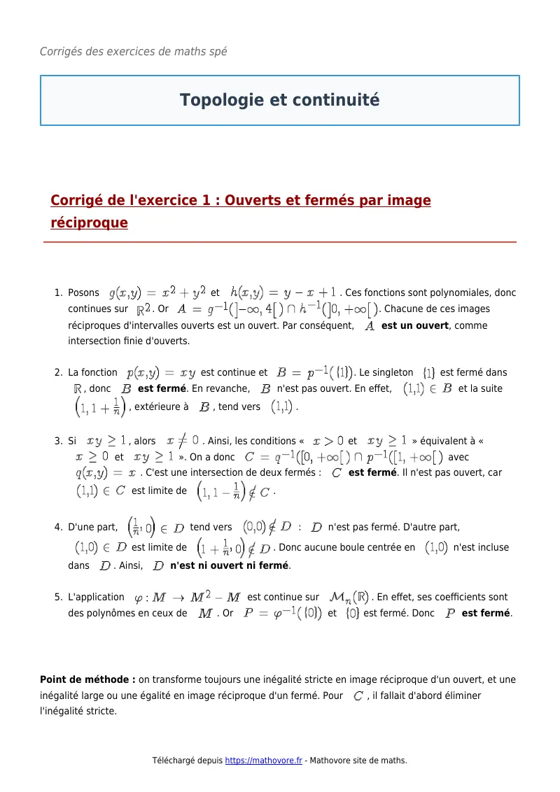 Exercices corrigés de maths en maths spé : Topologie et continuité à imprimer en PDF