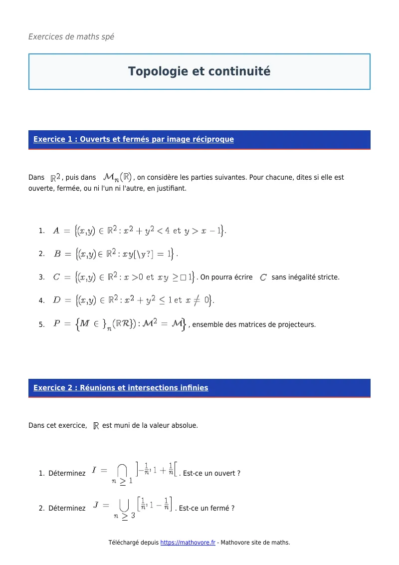 Exercices corrigés de maths en maths spé : Topologie et continuité à imprimer en PDF