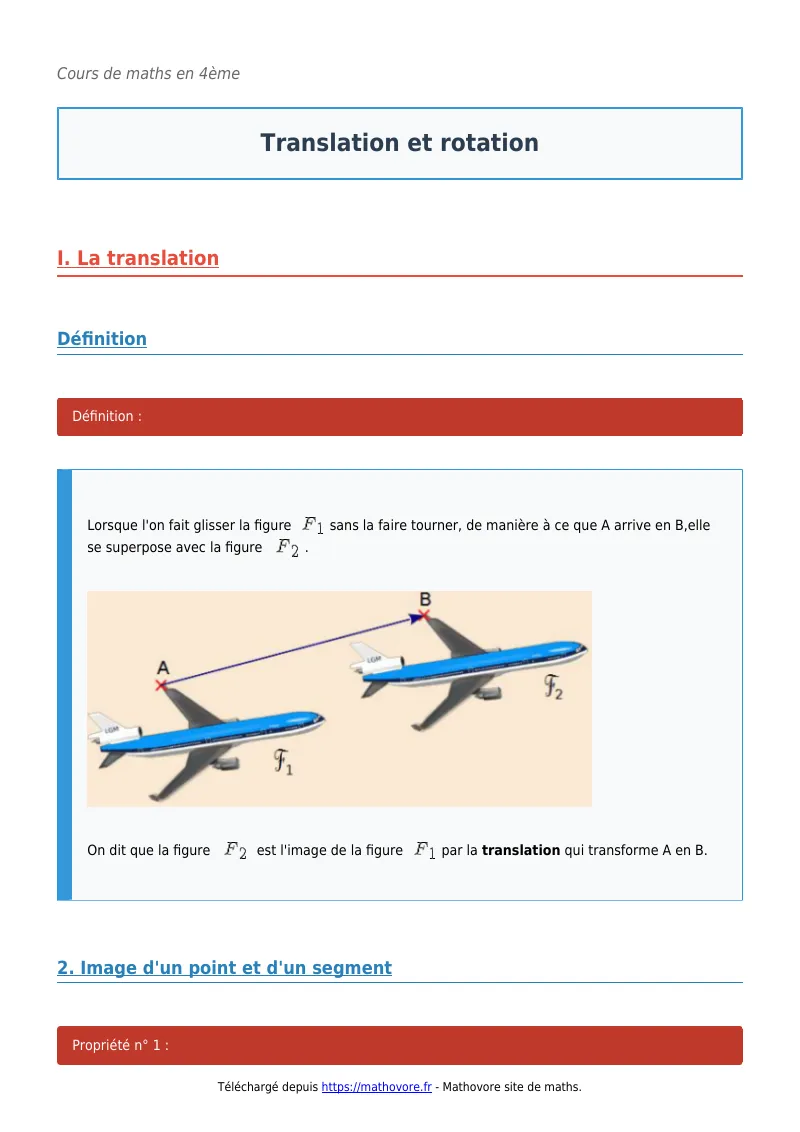 Cours de maths en 4ème : Translation et rotation à télécharger en PDF