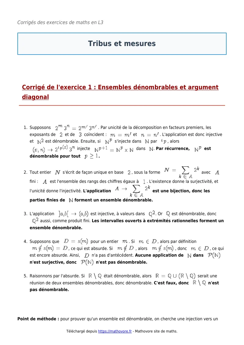 Exercices corrigés de maths en L3 : Tribus et mesures à imprimer en PDF