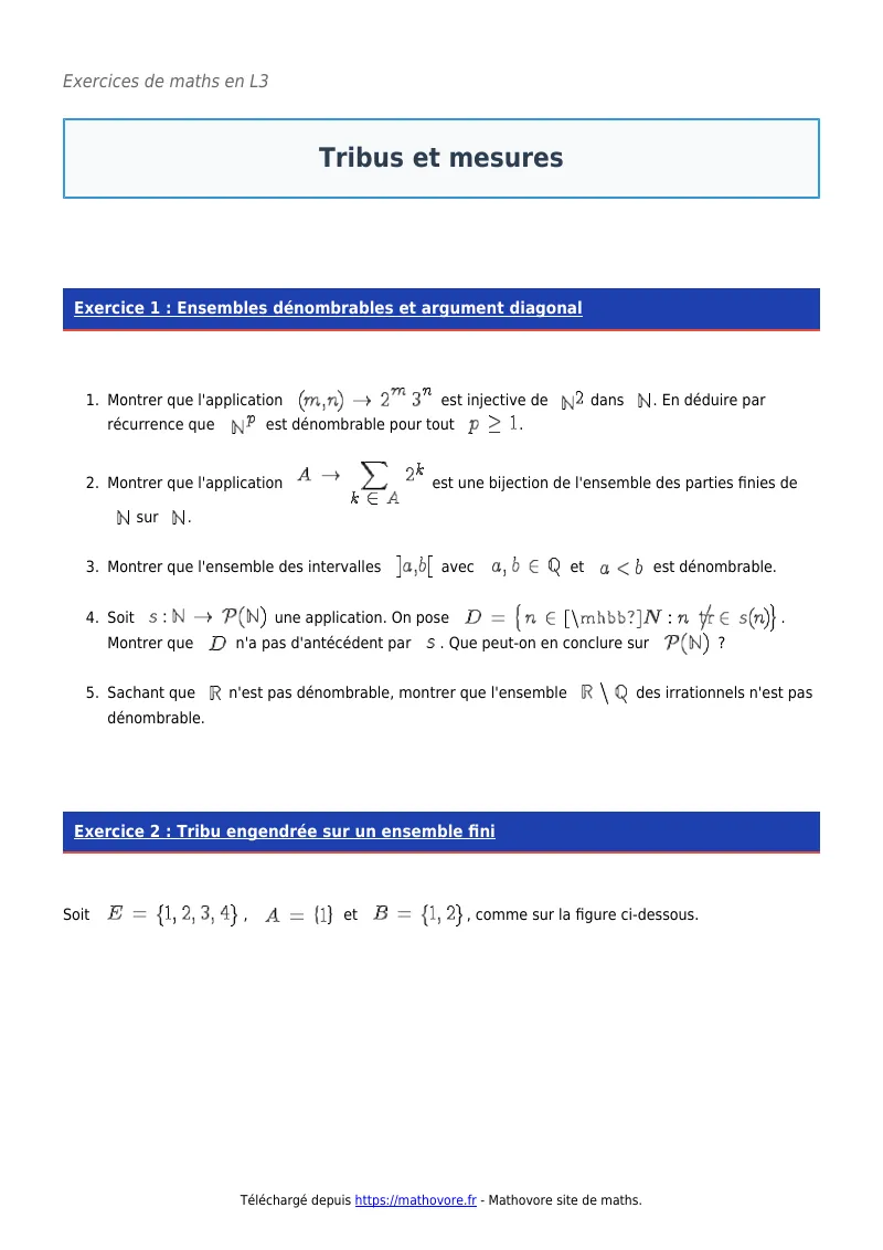 Exercices corrigés de maths en L3 : Tribus et mesures à imprimer en PDF