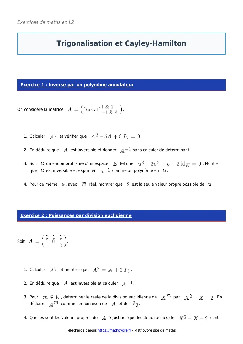 Exercices corrigés de maths en L2 : Trigonalisation et Cayley-Hamilton à imprimer en PDF