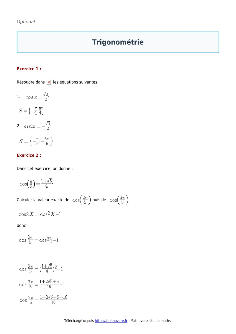 Exercices corrigés de maths en première : Trigonométrie à imprimer en PDF