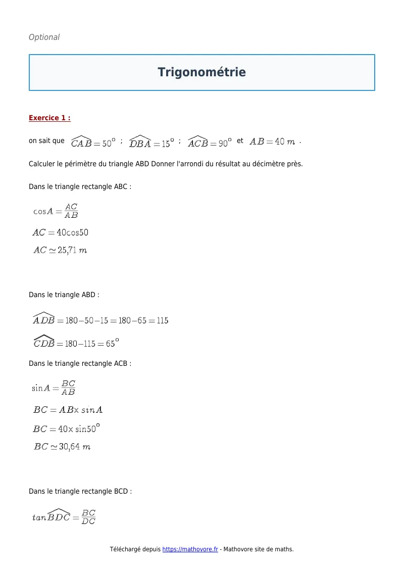 Exercices corrigés de maths en 3ème : Trigonométrie à imprimer en PDF