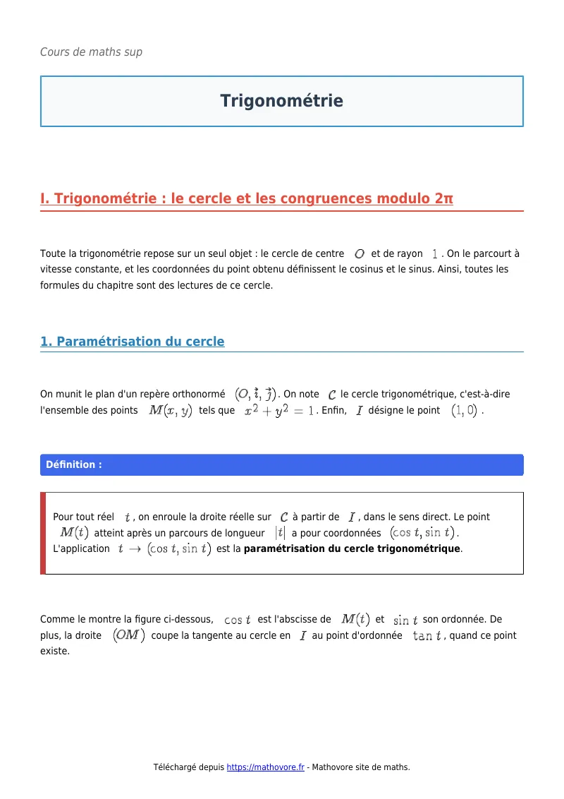Cours de maths en maths sup : Trigonométrie à télécharger en PDF