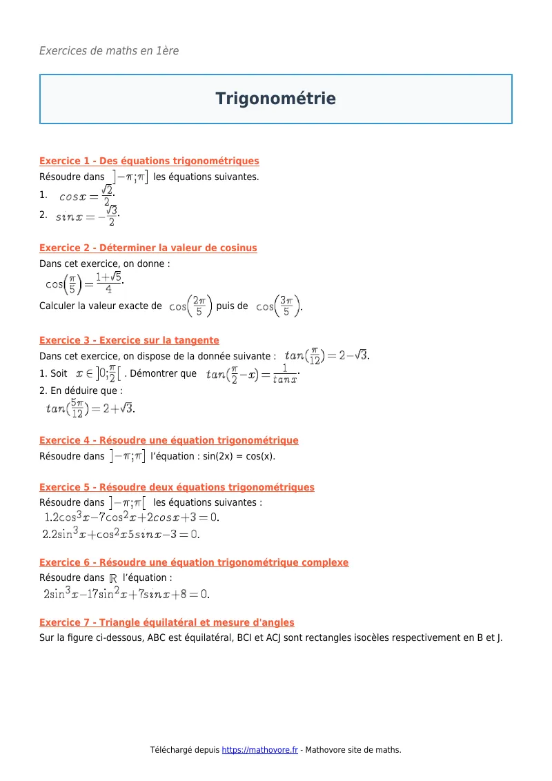 Exercices corrigés de maths en première : Trigonométrie à imprimer en PDF