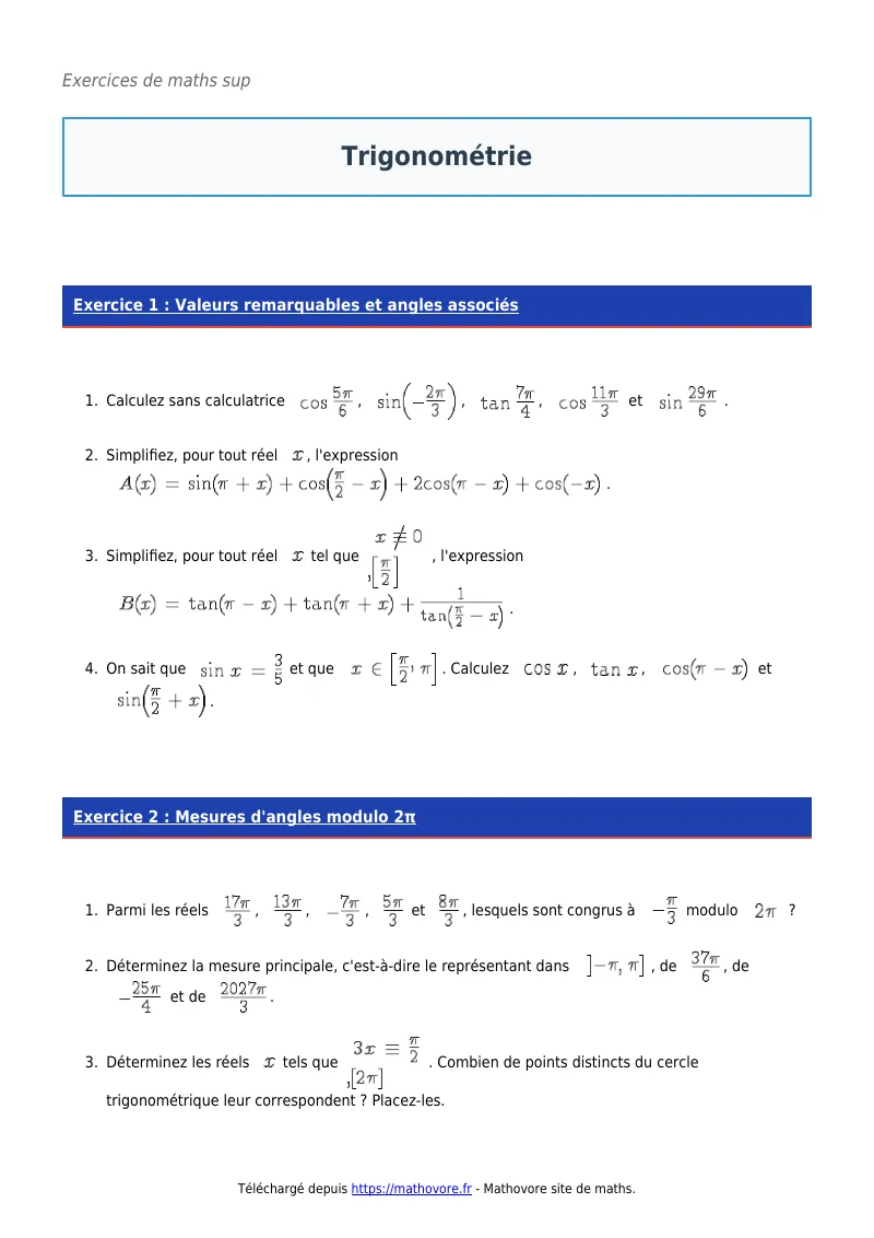 Exercices corrigés de maths en maths sup : Trigonométrie à imprimer en PDF