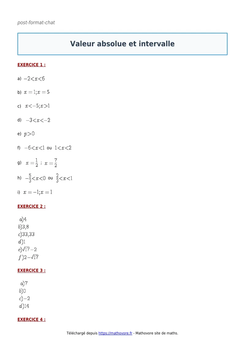 Exercices corrigés de maths en seconde : Valeur absolue et intervalle à imprimer en PDF