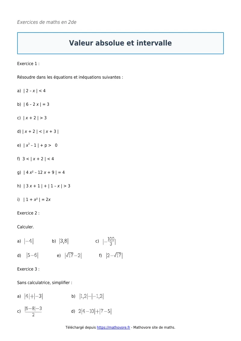 Exercices corrigés de maths en seconde : Valeur absolue et intervalle à imprimer en PDF