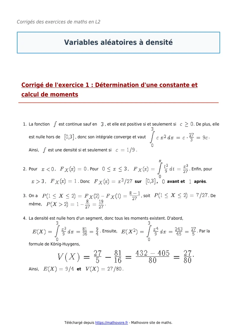 Exercices corrigés de maths en L2 : Variables aléatoires à densité à imprimer en PDF