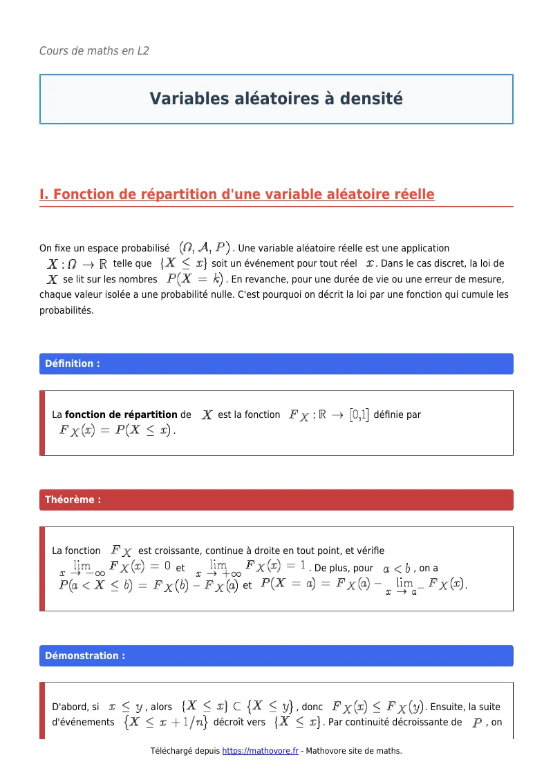 Cours de maths en L2 : Variables aléatoires à densité à télécharger en PDF