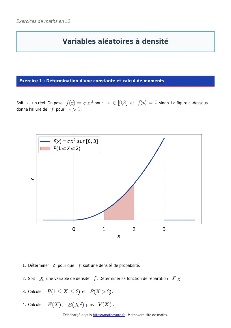 Exercices corrigés de maths en L2 : Variables aléatoires à densité à imprimer en PDF