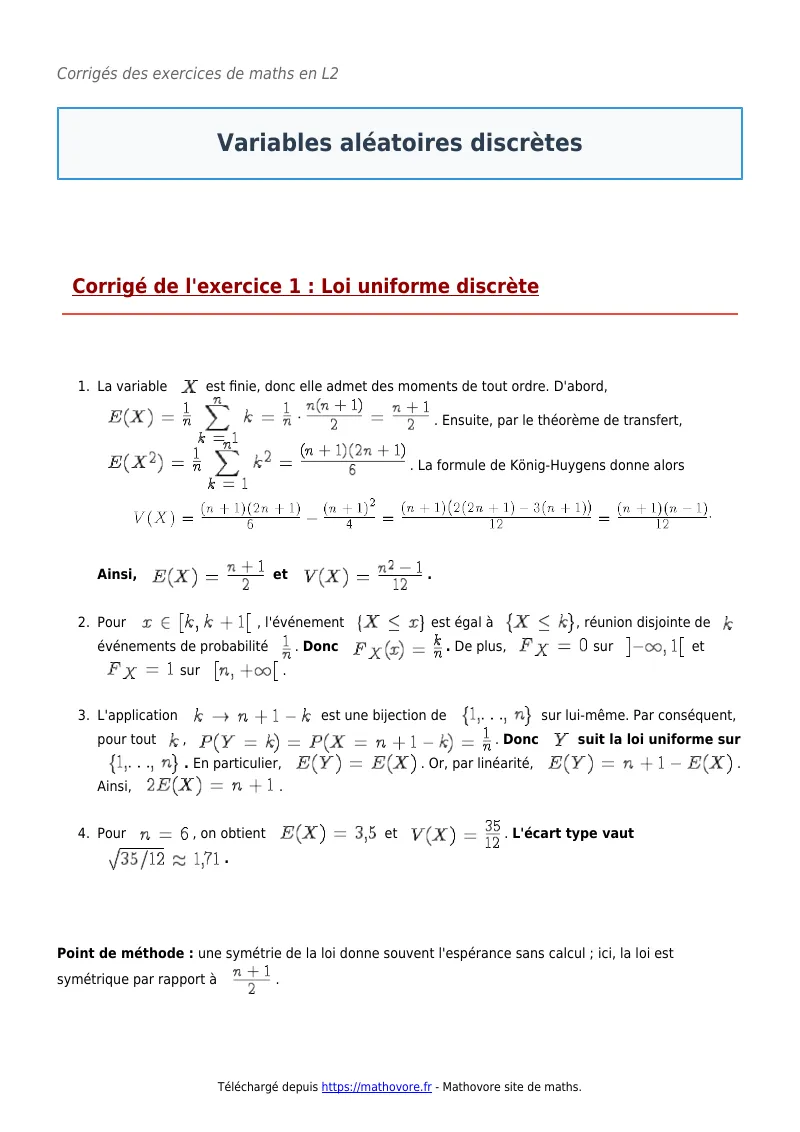 Exercices corrigés de maths en L2 : Variables aléatoires discrètes à imprimer en PDF