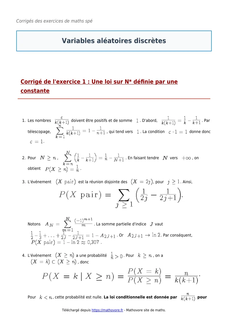 Exercices corrigés de maths en maths spé : Variables aléatoires discrètes à imprimer en PDF