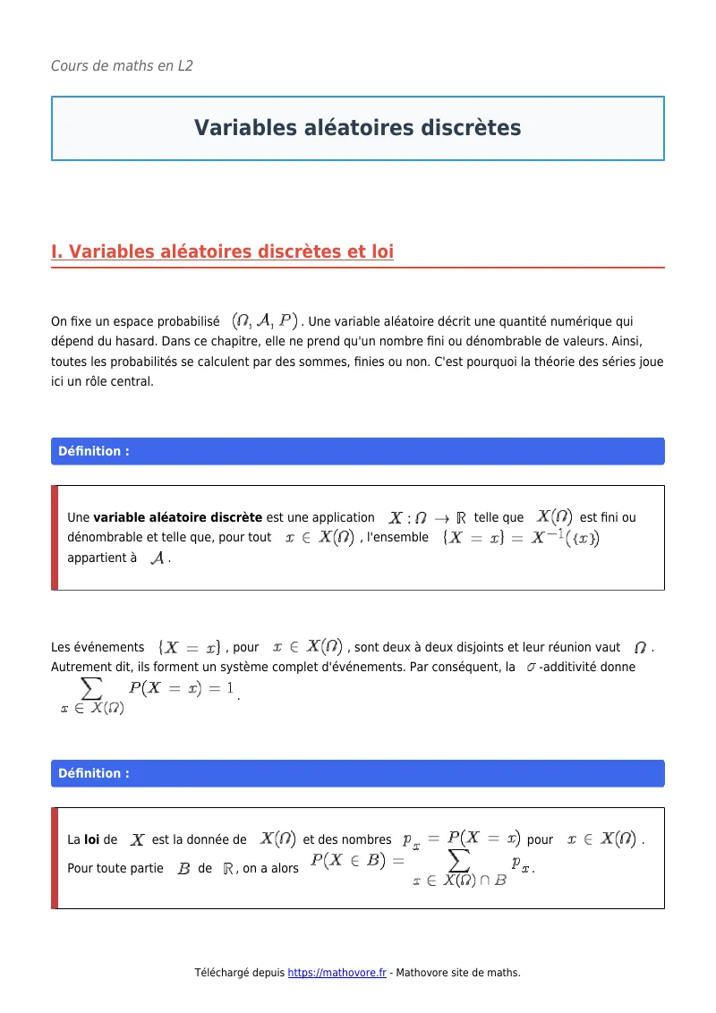 Cours de maths en L2 : Variables aléatoires discrètes à télécharger en PDF