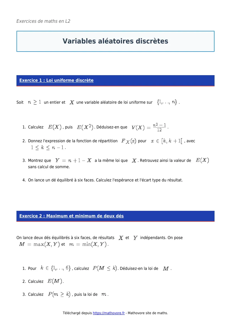 Exercices corrigés de maths en L2 : Variables aléatoires discrètes à imprimer en PDF