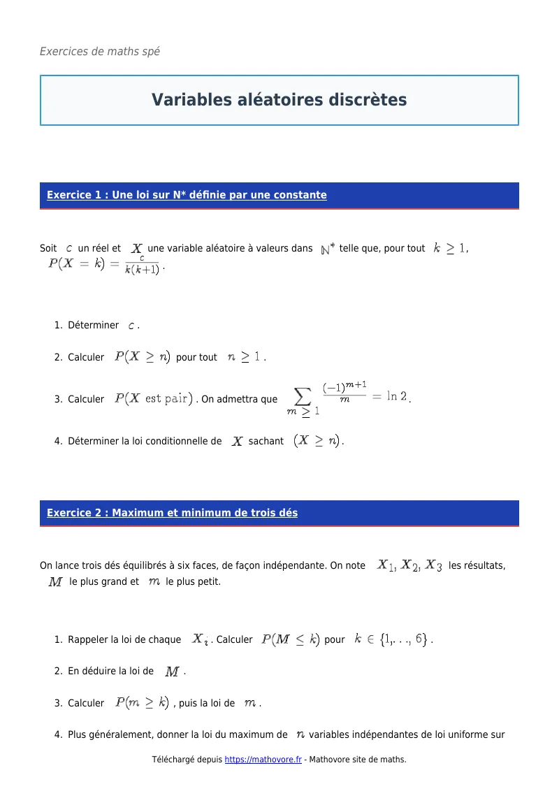 Exercices corrigés de maths en maths spé : Variables aléatoires discrètes à imprimer en PDF
