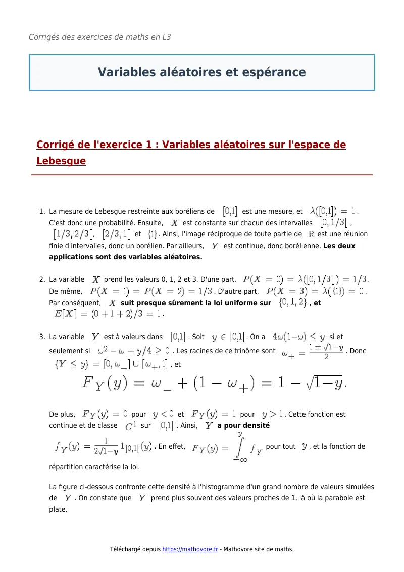 Exercices corrigés de maths en L3 : Variables aléatoires et espérance à imprimer en PDF