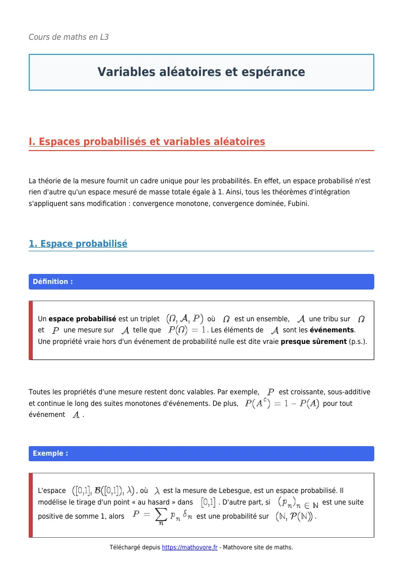 Cours de maths en L3 : Variables aléatoires et espérance à télécharger en PDF