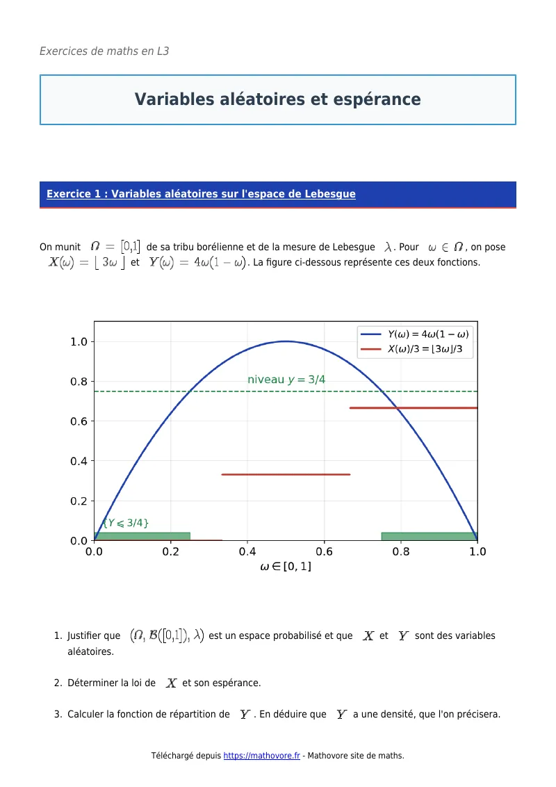 Exercices corrigés de maths en L3 : Variables aléatoires et espérance à imprimer en PDF