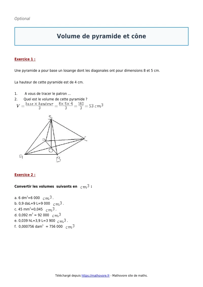 Exercices corrigés de maths en 4ème : Volume de pyramide et cône à imprimer en PDF