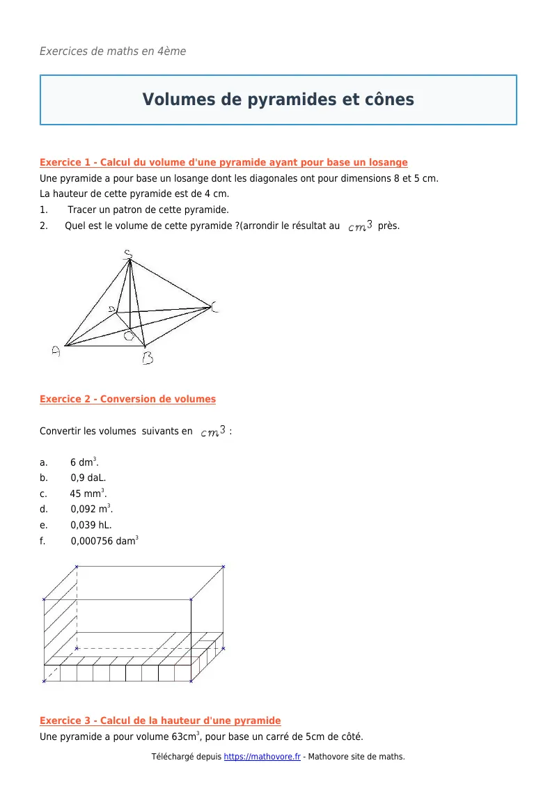 Exercices corrigés de maths en 4ème : Volumes de pyramides et cônes à imprimer en PDF