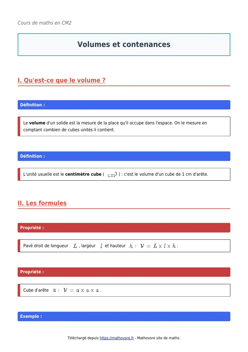 Cours de maths en CM2 : Volumes et contenances à télécharger en PDF
