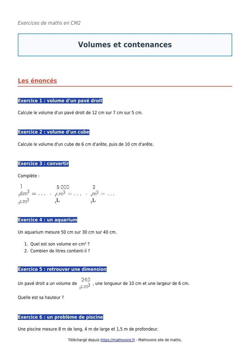 Exercices corrigés de maths en CM2 : Volumes et contenances à imprimer en PDF