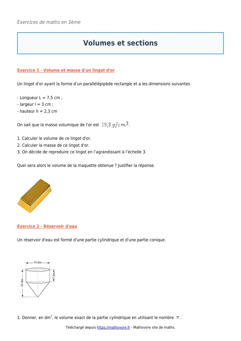 Exercices corrigés de maths en 3ème : Volumes et sections à imprimer en PDF