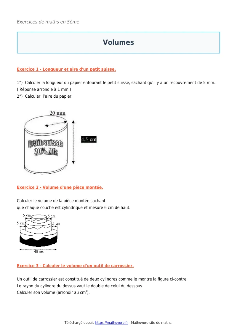 Exercices corrigés de maths en 5ème : Volumes à imprimer en PDF