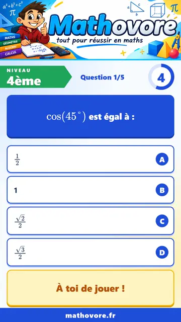 QCM vidéo 4ème : Cosinus d'un angle aigu, partie 2