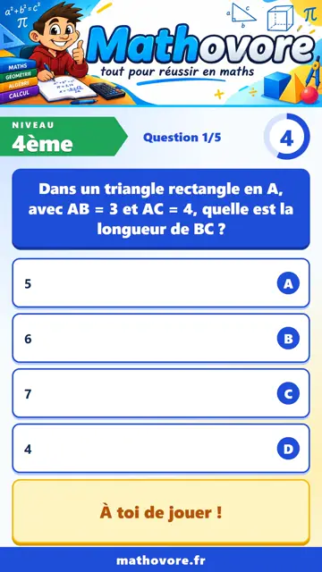 QCM vidéo 4ème : Théorème de Pythagore, partie 1