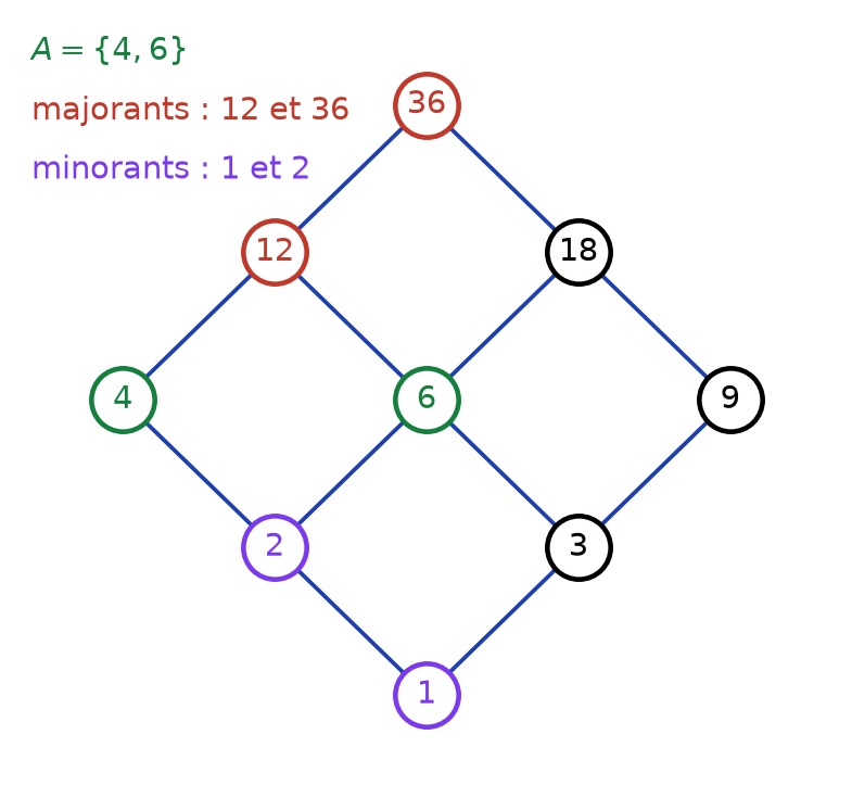 Diagramme de Hasse des neuf diviseurs de 36 avec les majorants 12, 36 et les minorants 1, 2 de {4, 6}