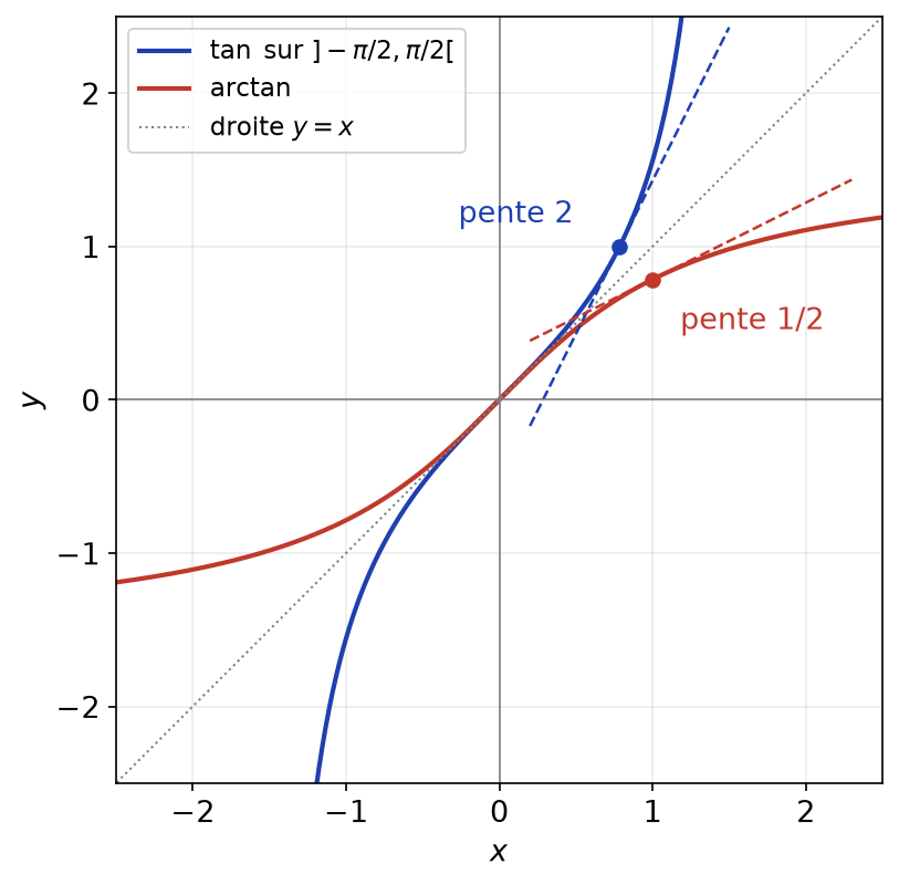 Courbes de tangente et arctangente symétriques par rapport à y = x, avec des tangentes de pentes 2 et 1/2