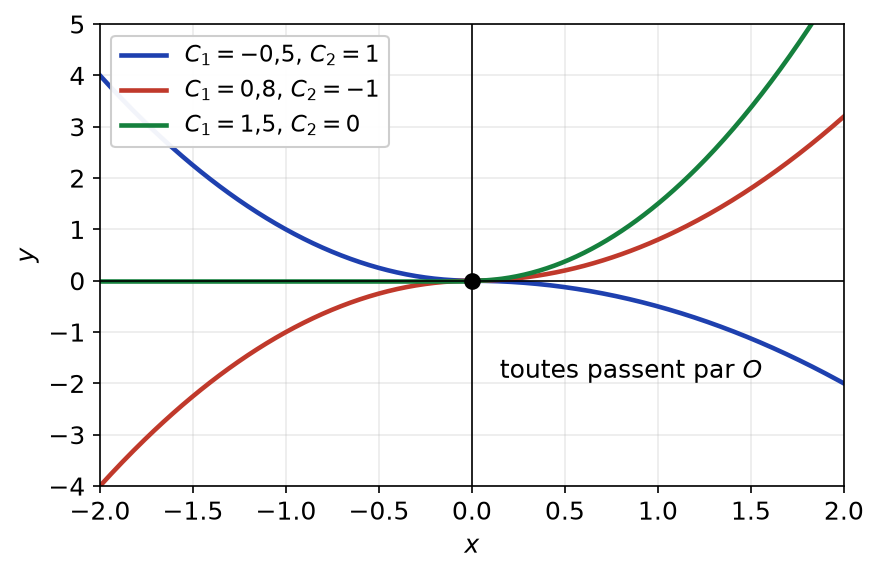Trois solutions de xy' - 2y = 0 sur R formées de deux demi-paraboles raccordées à l'origine