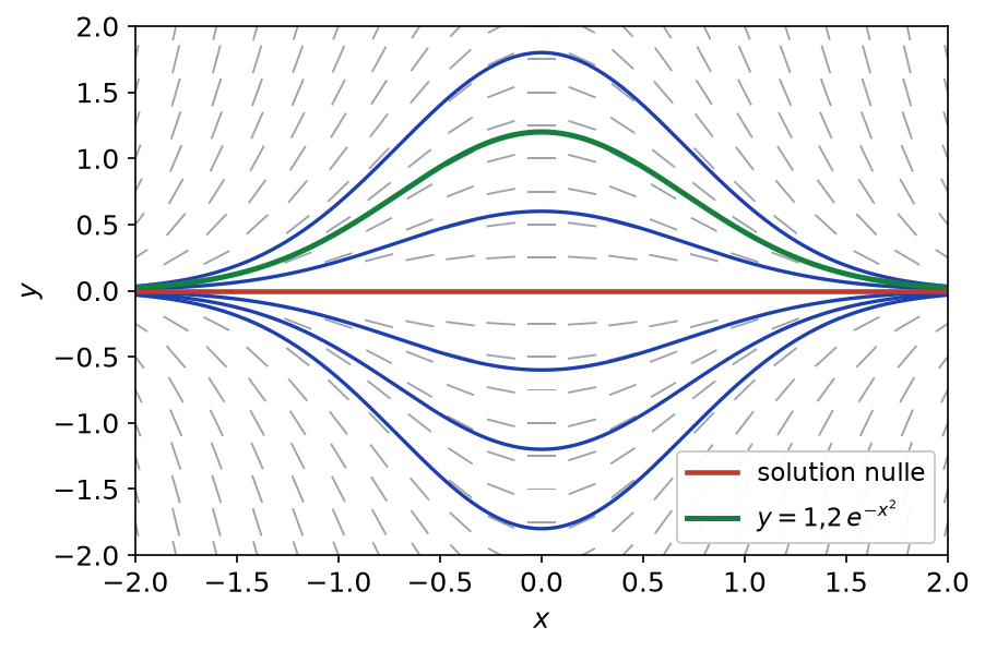 Champ de directions de y' = -2xy et courbes des solutions C exp(-x²) qui ne se croisent jamais