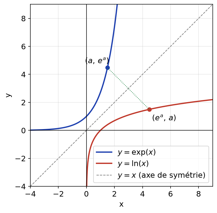Courbes de l'exponentielle et du logarithme népérien, symétriques par rapport à la droite y = x