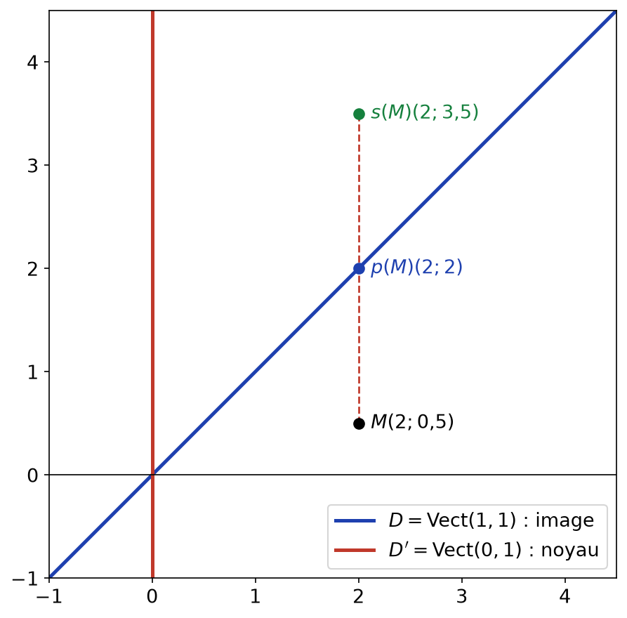 Projection du point M sur la droite y = x parallèlement à l'axe des ordonnées et son symétrique