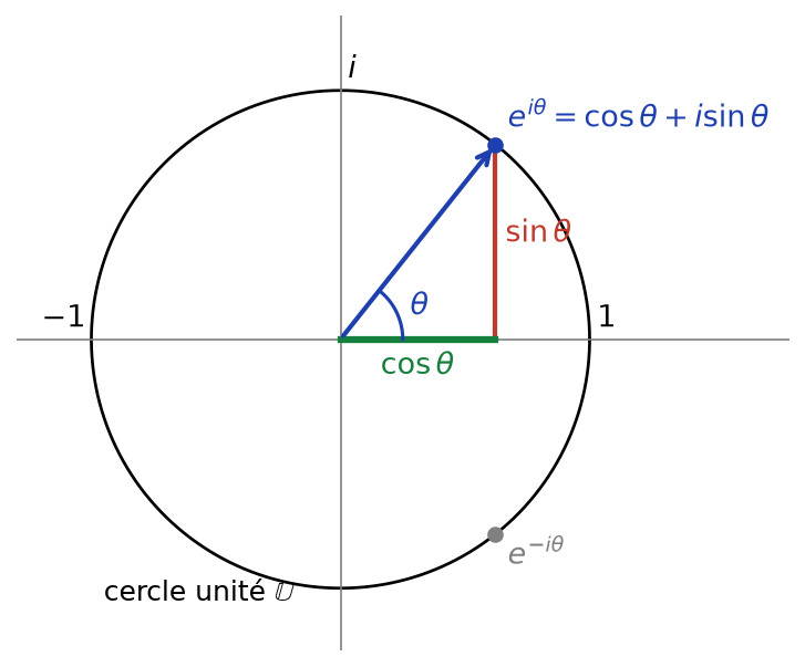 Cercle unité avec le point e puissance i thêta, son cosinus, son sinus et son conjugué