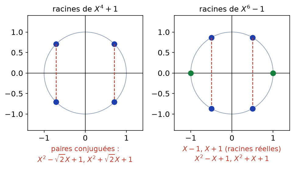 Racines de X⁴ + 1 et de X⁶ − 1 sur le cercle unité, avec les paires conjuguées reliées verticalement