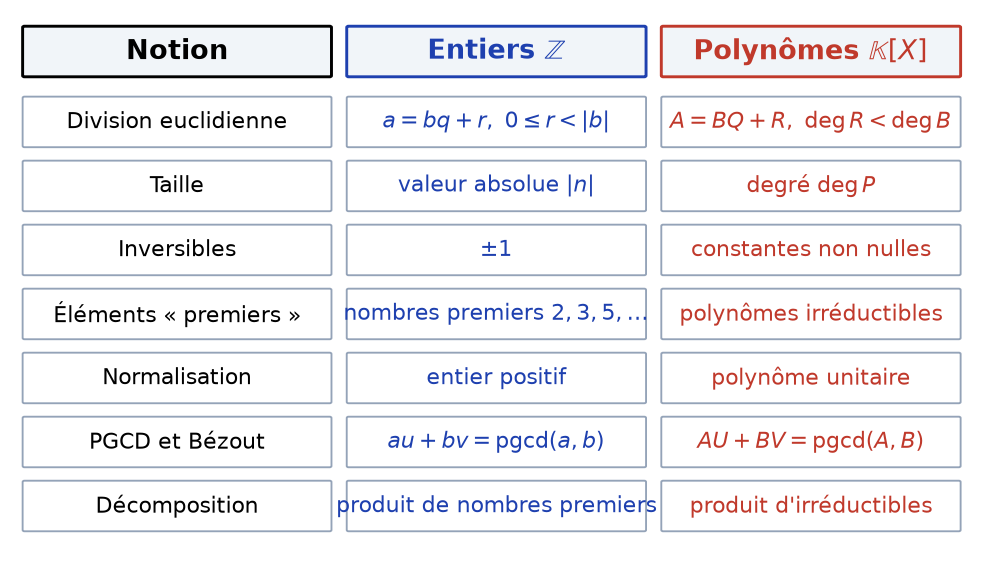 Tableau comparant les entiers relatifs et les polynômes : division euclidienne, inversibles, irréductibles, PGCD et Bézout, décomposition