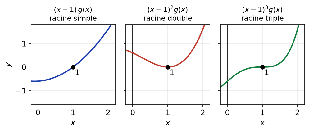 Trois courbes au voisinage de x = 1 : racine simple qui traverse, racine double tangente, racine triple avec inflexion